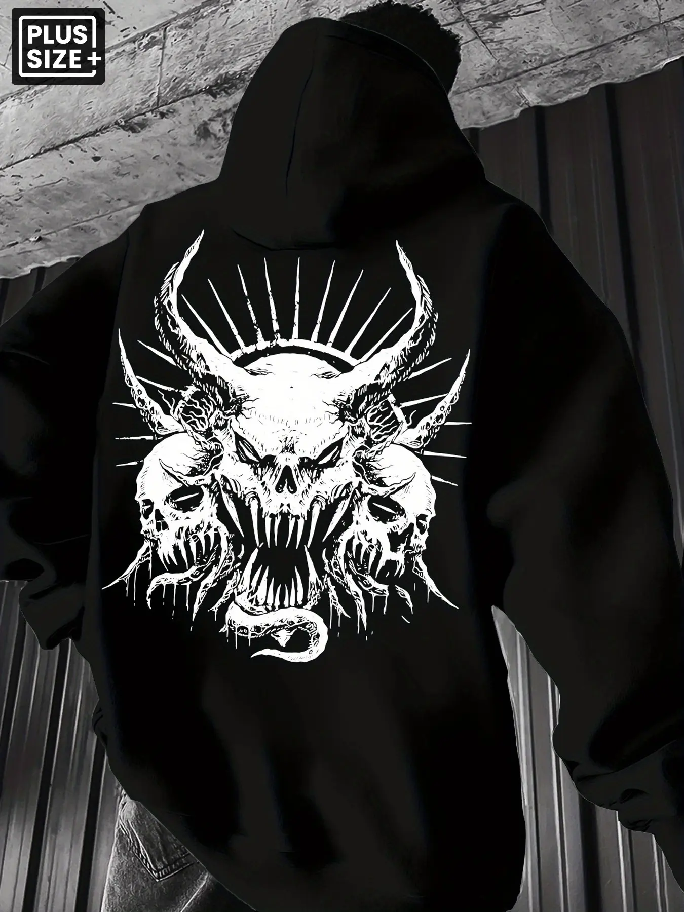 Mens Plus Size Oversized Hoodie, Gothic Horned Demon Triple Skull Snake Radiant Back Graphic Long Sleeve Pullover Sweatshirt, All-Season Street Rare Aesthetic Outfit for Punk Goth Young Men, Metal Concerts, Skateboarding Daily Looks & Halloween Parties