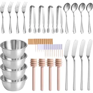 Charcuterie Boards Accessories, Charcuterie Utensils, Stainless Steel Spreader Knives Forks Spoons Mini Serving Tongs Small Dipping Bowls Toothpick Flags Utensils for Pastry Making