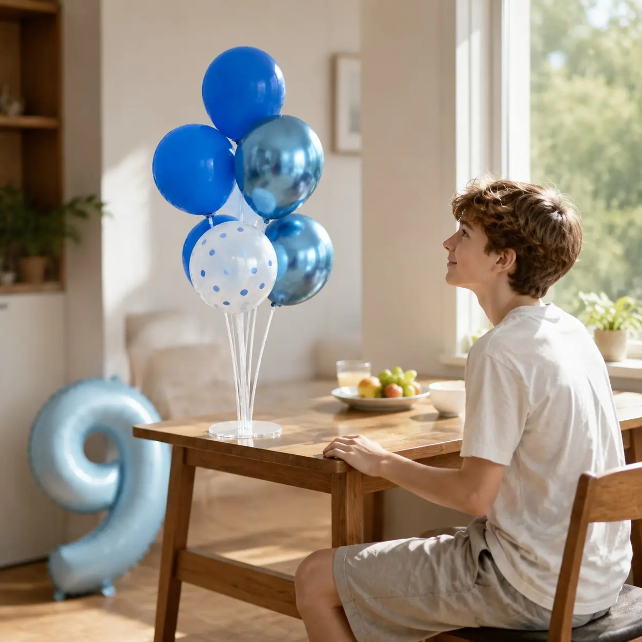 Table Balloon Stand Kit with 7Pcs Blue Mixed Latex Balloons & Number 9 Foil Balloon, Boy Freshman First Day of High School Table Decor, 9th Grade Back to School Centerpiece