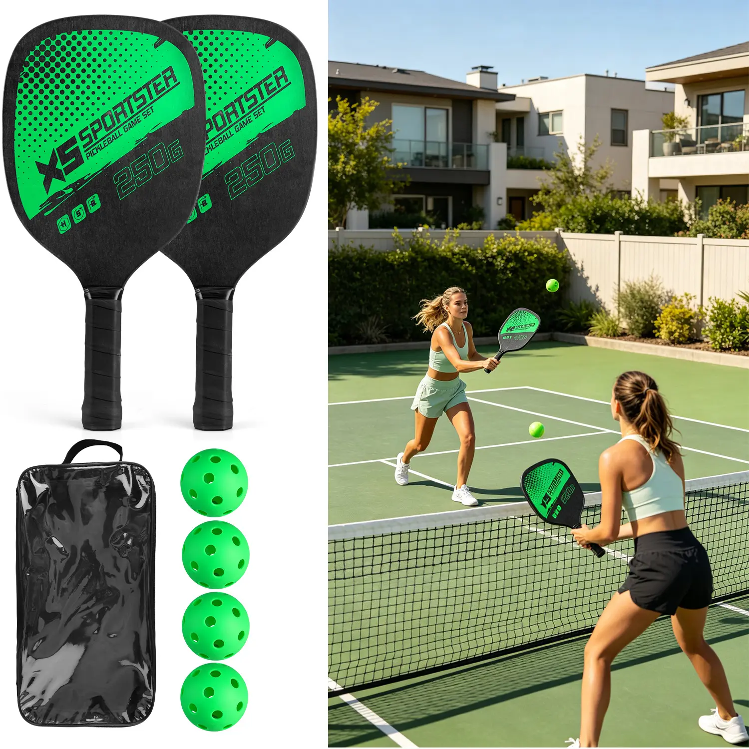 Complete Pickleball Set 2 Light Weight Wooden Pickleball Paddles 4 Green 26 Holes Pickle Balls Storage Bag Pickleball Racket Kit for Men Women Teenagers Indoor Outdoor Backyard & Professional Court Recreation Play