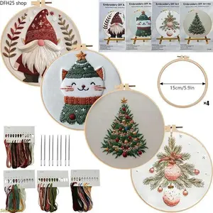 Christmas Theme Embroidery Sewing Tool Kit - DIY Stitching Materials Set with English Stitch Guide, Needle Craft for Holiday Home Decoration, Handmade Handkerchief Fashion Accessory