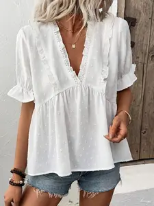Puff Short Sleeve Casual Loose Tops Women Solid Peplum Daily Wear Blouse Top Ruffles Shirts
