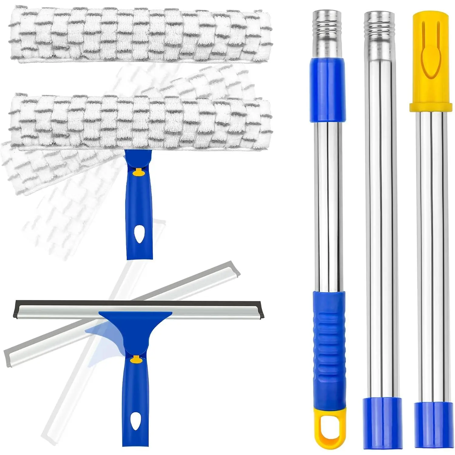 Window  with Extension Pole, Separate 12"  & 11" Microfiber  Heads, Window Cleaning Kit for Hard-to- Windows, Shower Doors,  Windshields, Indoor Outdoor-2 Pads