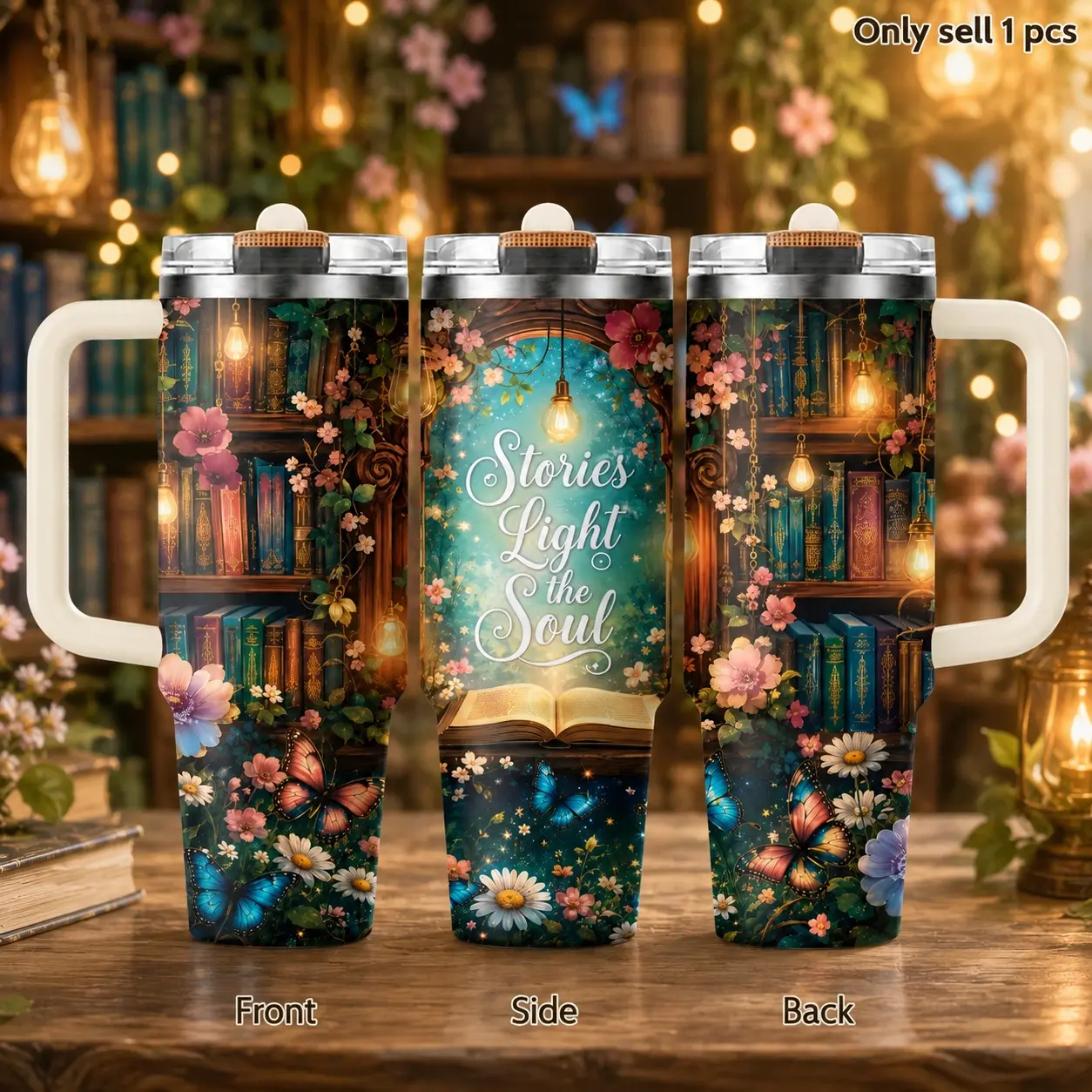 Bookish Reader 40oz Tumbler – Literary Stainless Steel Insulated Cup with Handle & Straw Lid for Coffee, Water, Reading Nook, Library, Office, Car, Perfect Gift for Book Lovers