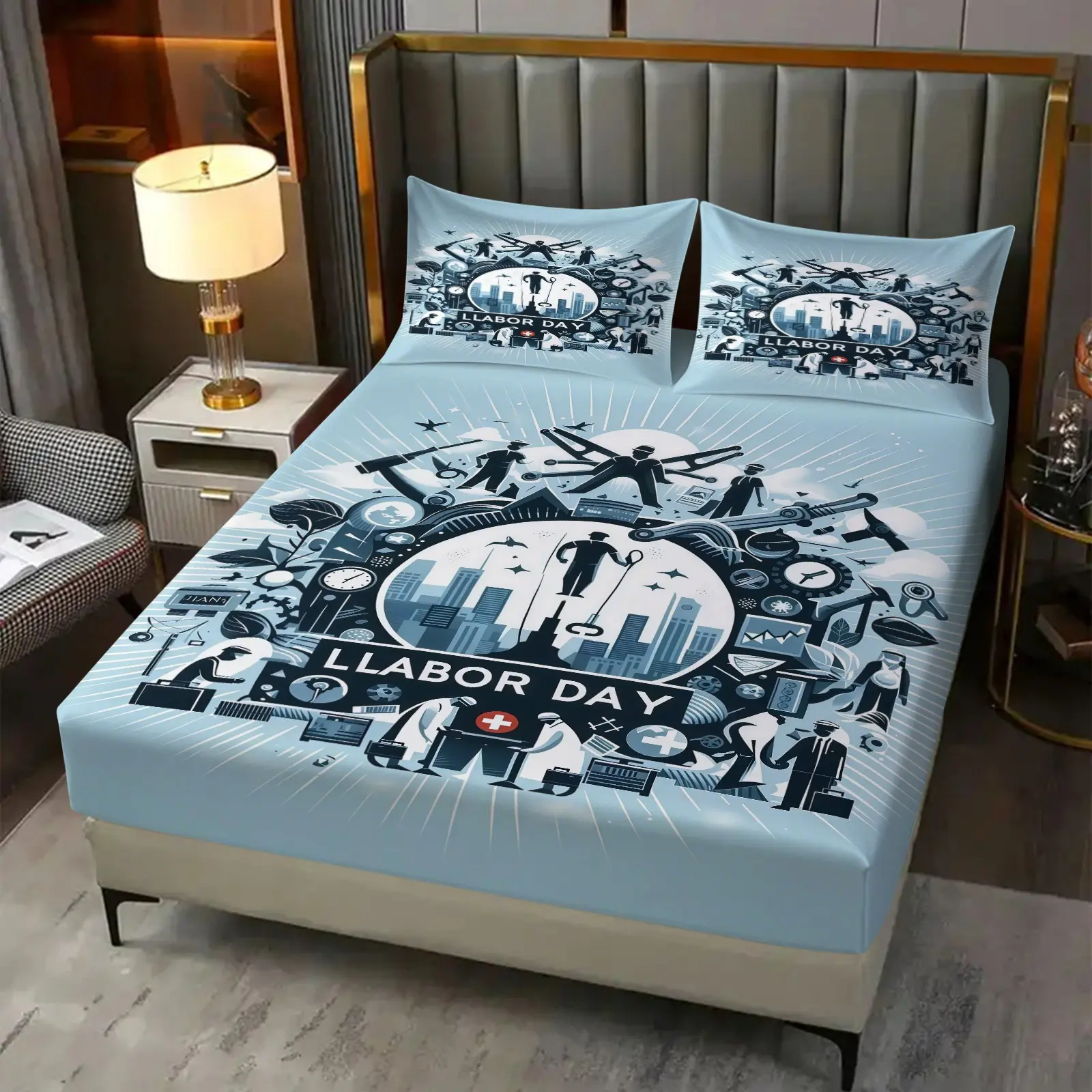 3-Piece Set Of Labor Day Patterned Bed Sheets With Comfortable Printed Patterns, Including 1 Bed Sheet And 2 Pillowcases, Comfortable Bedding, Anti Slip Dust Cover Suitable For Bedrooms, Suitable As a Gift