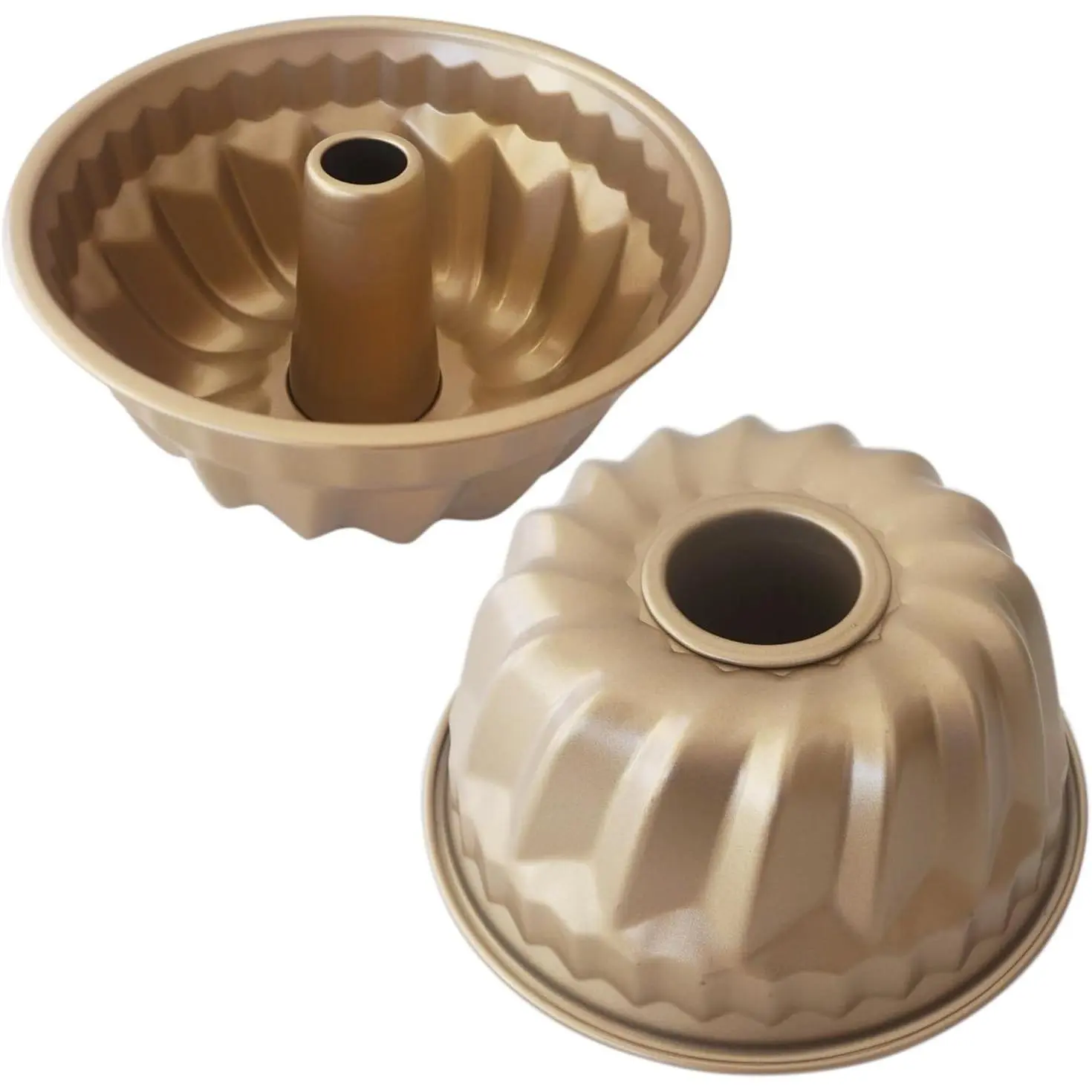 7 Inch Nonstick Fluted Tube Cake Pan, Carbon Steel Baking Mold, Gold Kugelhopf Pan, 36OZ Capacity Midsize Cake Pans for Chocoflan, Flan, Jello, Gelatin, 2 Pack