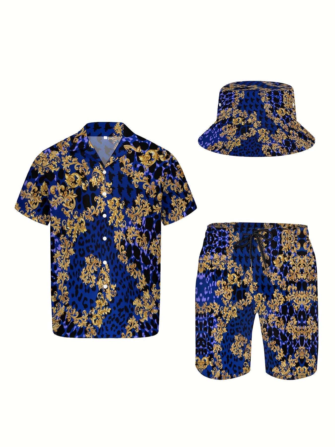 3pcs Men's Hawaiian Shirt And Short Set, Blue Luxury Golden Baroque Soft Fabric Breathable Shirt Button Short Sleeve Casual Beach Shirts Outfits with Bucket Hats