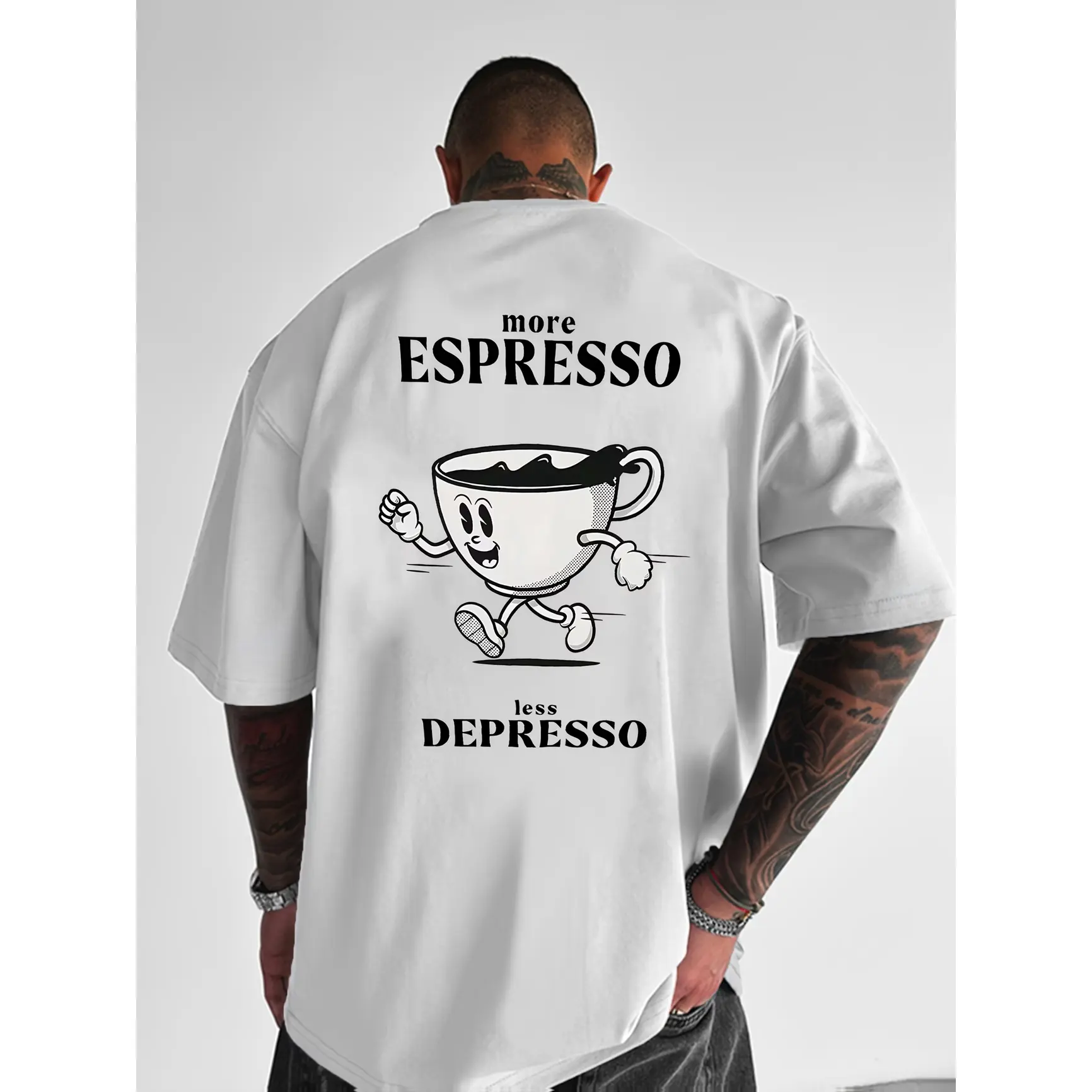 Cartoon Walking Coffee Cup Graphic Oversized Cotton T-Shirt, Comfort Fashion Outfit, SummerVibes,Coffee Lover Tee, Perfect Holiday Gift For Him Her Friend