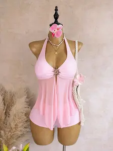 Women's Summer Light Halter V-Neck Sunflower Button Mesh Skirt Bottoms, Split Swimwear Beach Vacation Conceal Fat Slimming, Beach Party Swimsuit