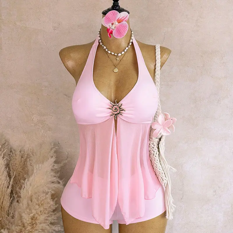 Women's Summer Halter V-Neck Mesh Skirt Swimsuit with Sunflower Design Button, Split Beach Vacation Swimwear with Tummy-Slimming Coverage, Beach Party Swimsuit, Swim Suit with Skirt, Ladies Summer Swimsuit, Beachwear Swimsuits, Skirt Style Swimsuit