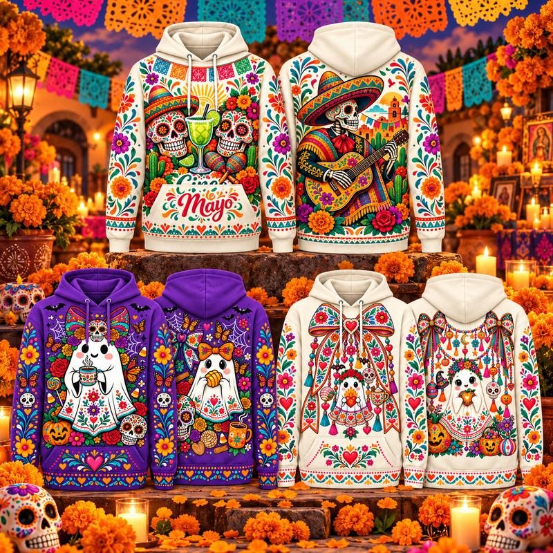 Men's Mexican-Style Full-Pattern Hooded Sweatshirt - Day of the Dead Sugar Skull, Cute Ghost Flower Tops for Fall Fiesta Festival Outfits DayOfTheDead SugarSkullHoodie MexicanFiesta FallFashion