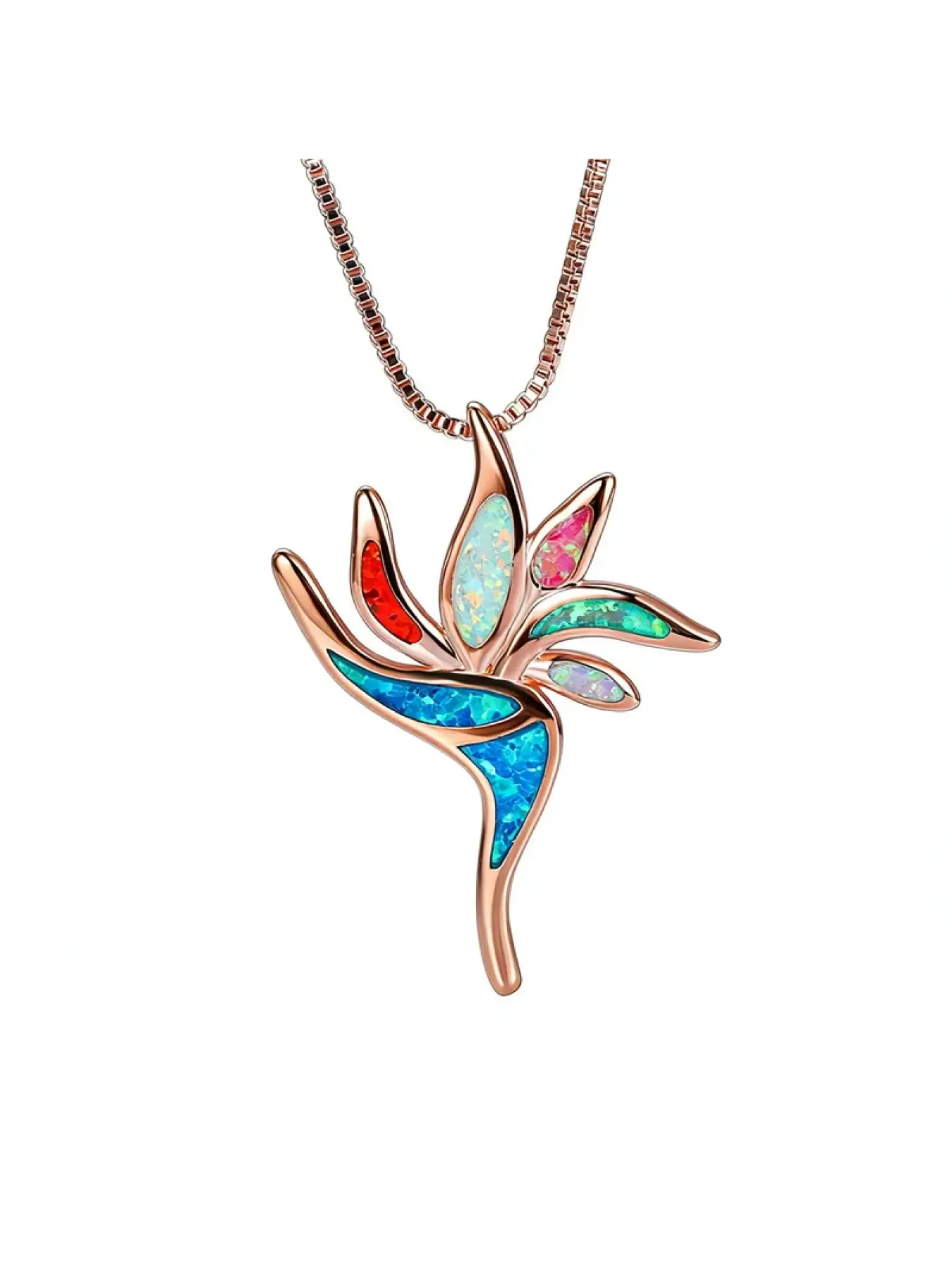 Rose Gold Plated Peacock Tail Flower Pendant Necklace with Multicolor Opal, Dainty Jewelry for Women, Elegant Bohemian Gift