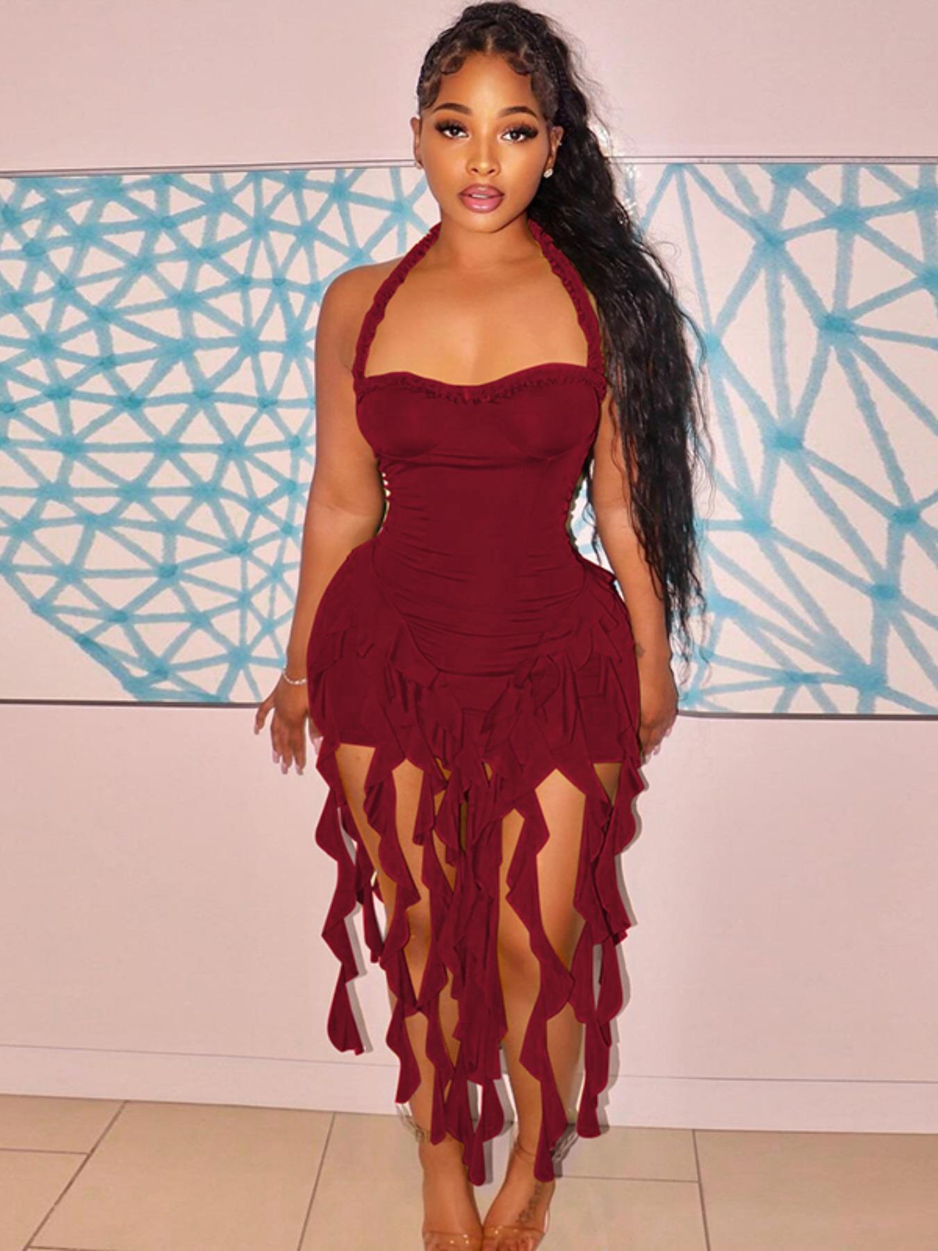 Women's Y2K Octopus Bodycon Dress Plain Ribbon Halter Neck Ruffle Hem Backless Sleeveless Mini Dress for Party Club Dating Summer Fashion Valentine's Day Gift