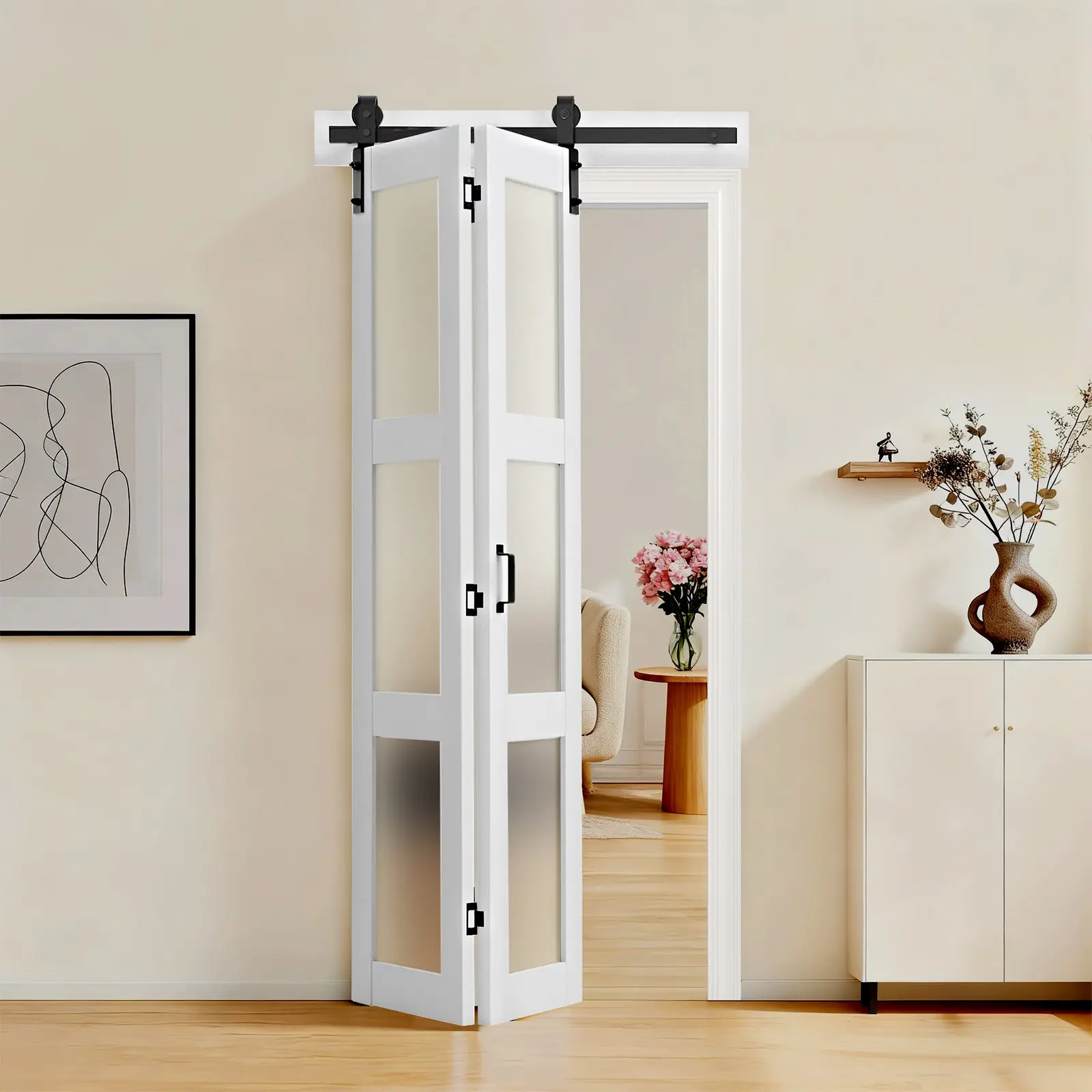 【DealsForYouDays】VEVOR Bifold Barn Door, 36" x 84", MDF with Tempered Glass Bi-Fold Sliding Closet Doors, Hardware Kit Included, Space-Saving Design, Pre-Assembled Panels for Bedroom, Living Room, Wardrobe, White