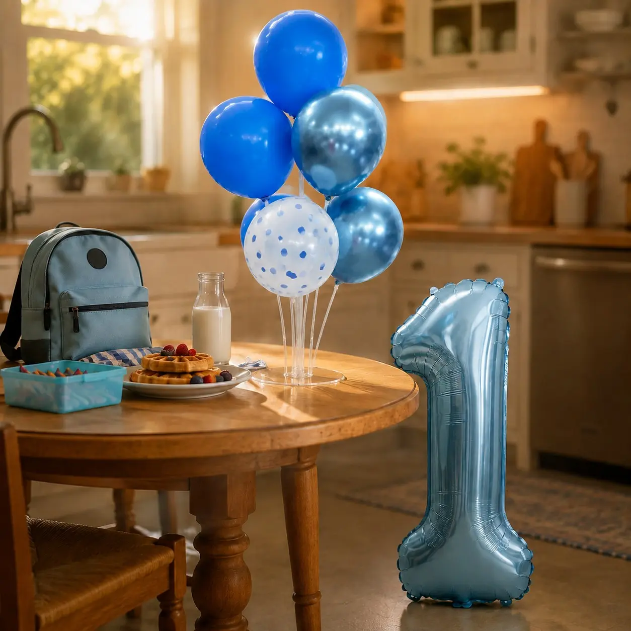 Table Balloon Stand Kit with 7Pcs Blue Mixed Latex Balloons & Number 1 Foil Balloon, Boy First Day of 1st Grade Breakfast Table Decor, Back to School Dining Centerpiece