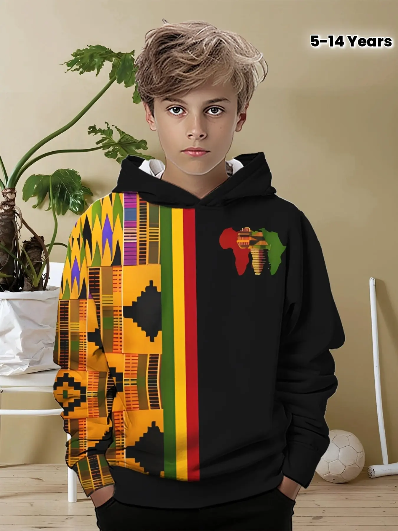 Graphic Hooded Sweatshirt, 5-14 Years Boys' Fall Casual Wear, African Pattern Design, Trendy Versatile Sweatshirt