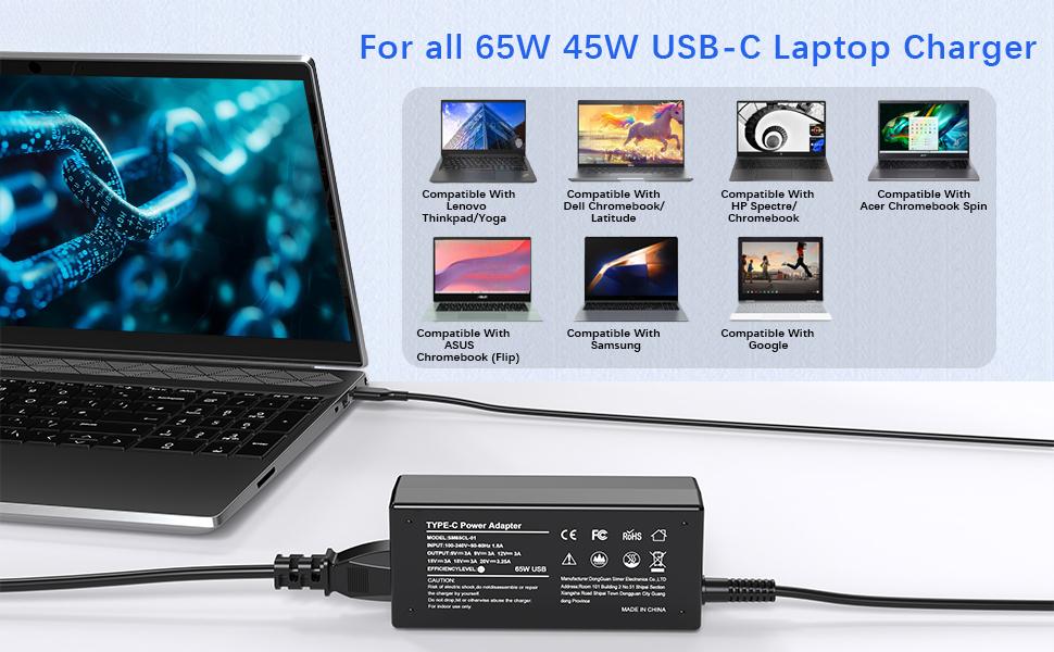 Universal 65W USB C Laptop Charger Compatible with HP chromebook Lenovo Dell Acer Asus Samsung Google Computer Type C Power Adapter