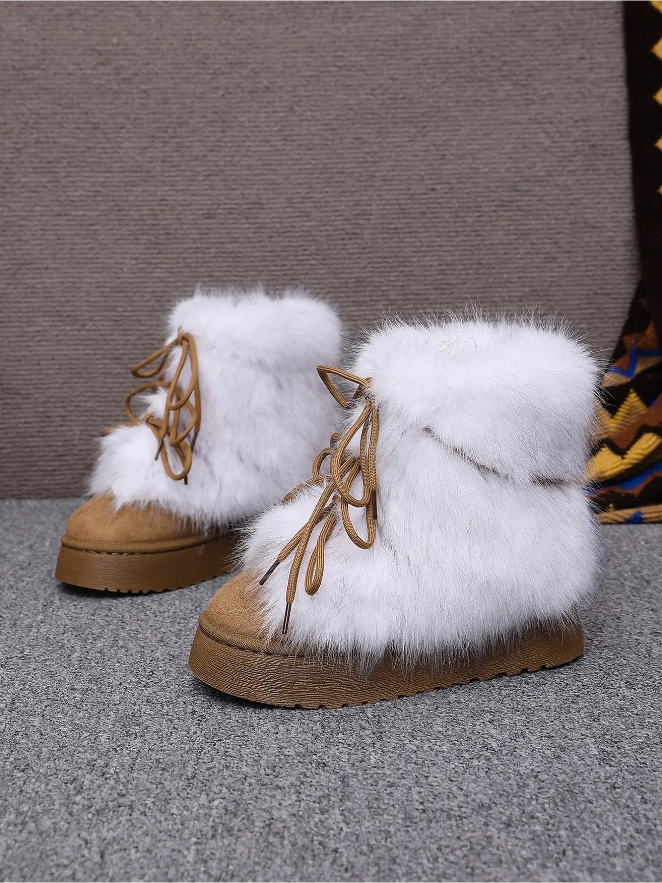 Women's Platform Lace‑Up Snow Boots, Faux Fur Cuff Plush Warm Ankle Boots Winter Retro Casual Cotton Booties