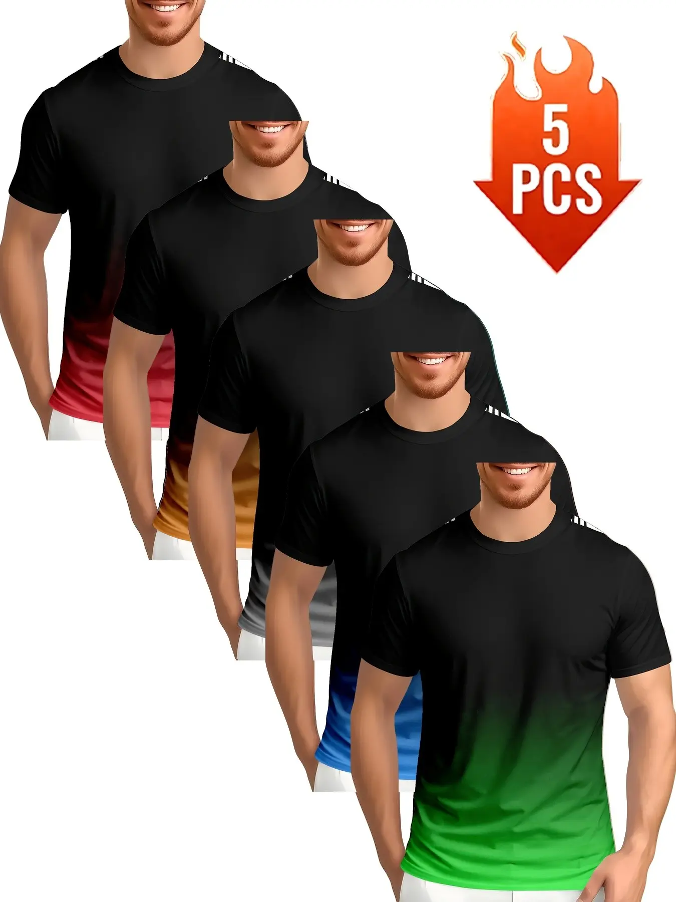 Men's Gradient Short Sleeve T-Shirt Set of Five, Breathable Comfortable Top, Casual Loose-Fit Graphic Tee, Essential Men's Clothing