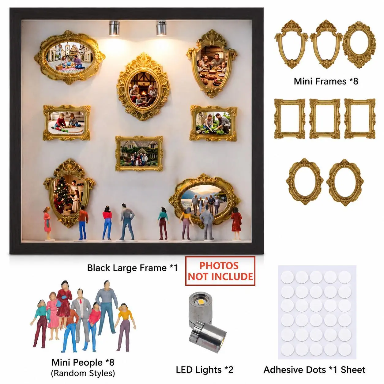New DIY Mini Museum Shadow Box 3D Mini World Display Frame Picture Frames, Vintage Gold Mini Photo Frame With Tiny People Figurines, Easy Assembly DIY Decor Craft Kit, Perfect Unique Gift For Anniversary Wedding, Home Table Desktop Ornament Decoration