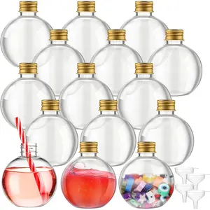15 Pcs 6 oz Spherical Plastic Potion Bottles Ball Shape Sand Art Bottles with Funnel Christmas Cocktail Ornament Balls Candy Jar for DIY Wedding Party Crafts Decoration(Gold, Aluminum Cap)
