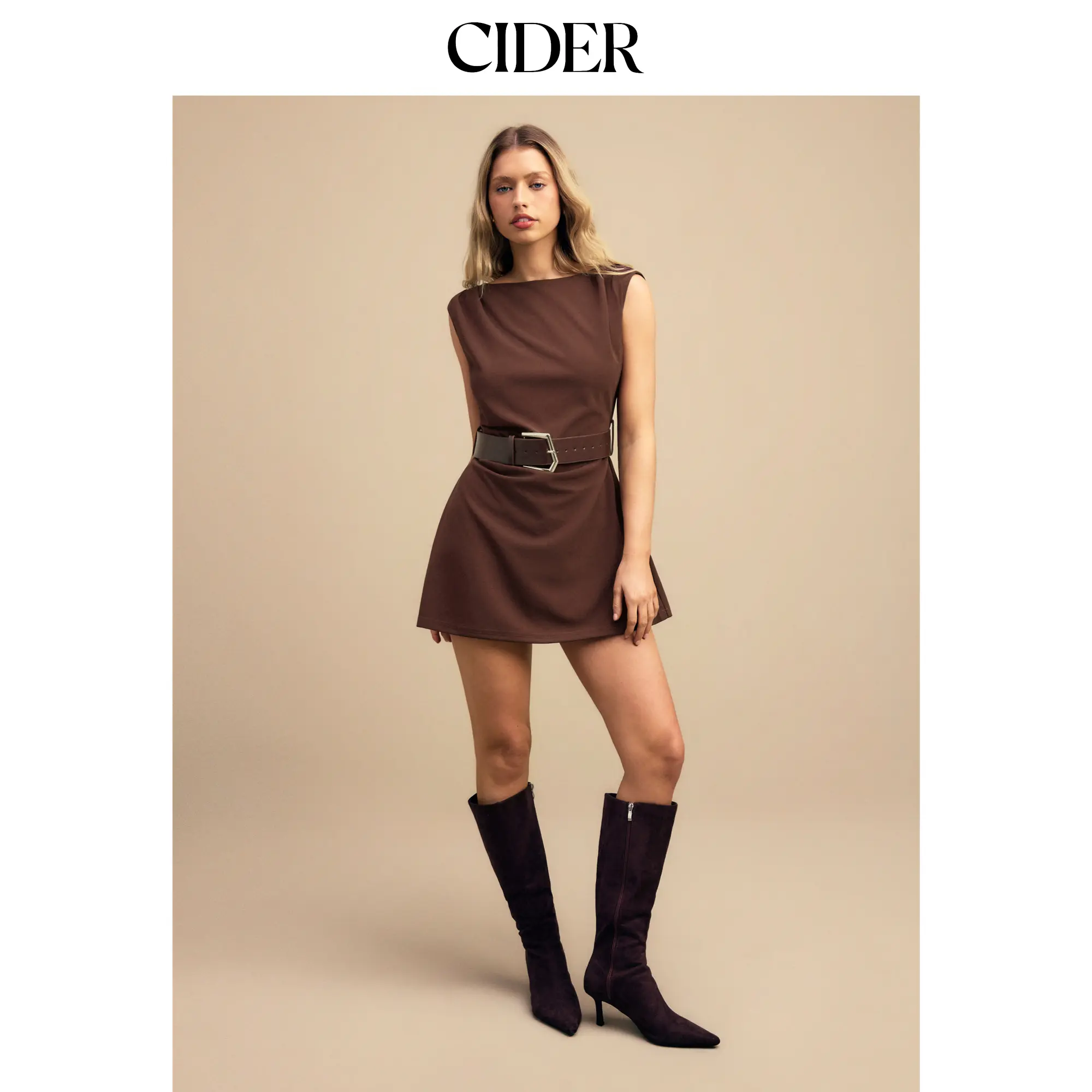 Cider Boat Neck Ruched Belted A-line Mini Dress
