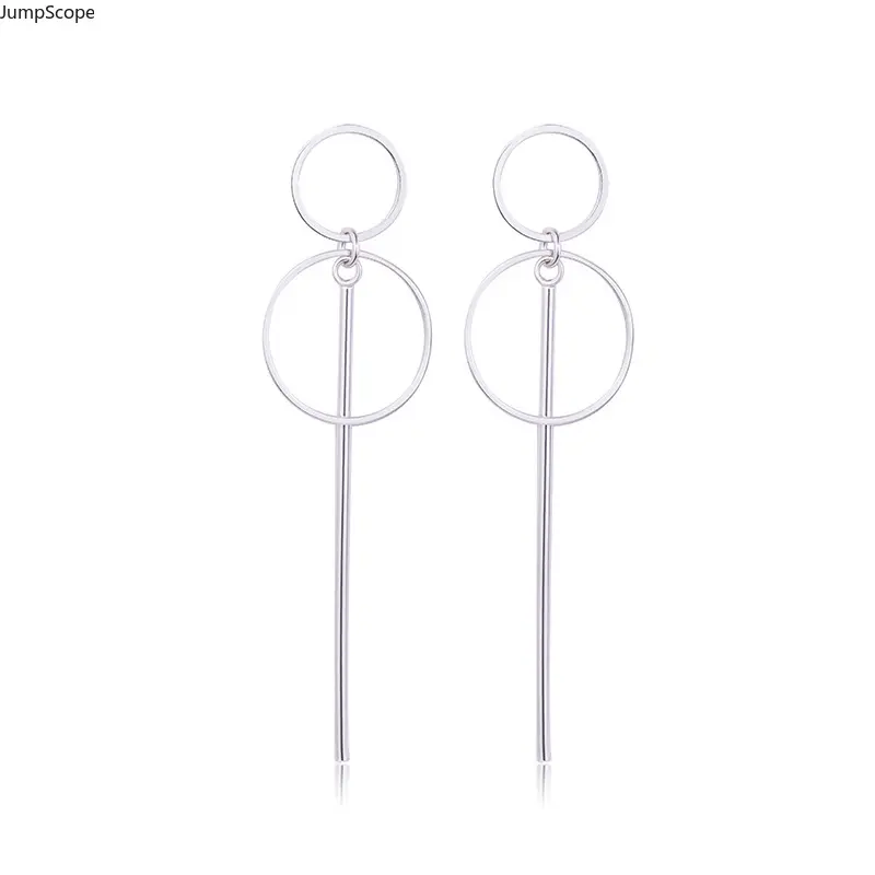 Geometric Double Circle Long Drop Dangle Earrings For Women, Minimalist Thin Bar Linear Hoop Earring Silver Tone Simple Versatile Korean Fashion Cross-Border Viral Daily Jewelry