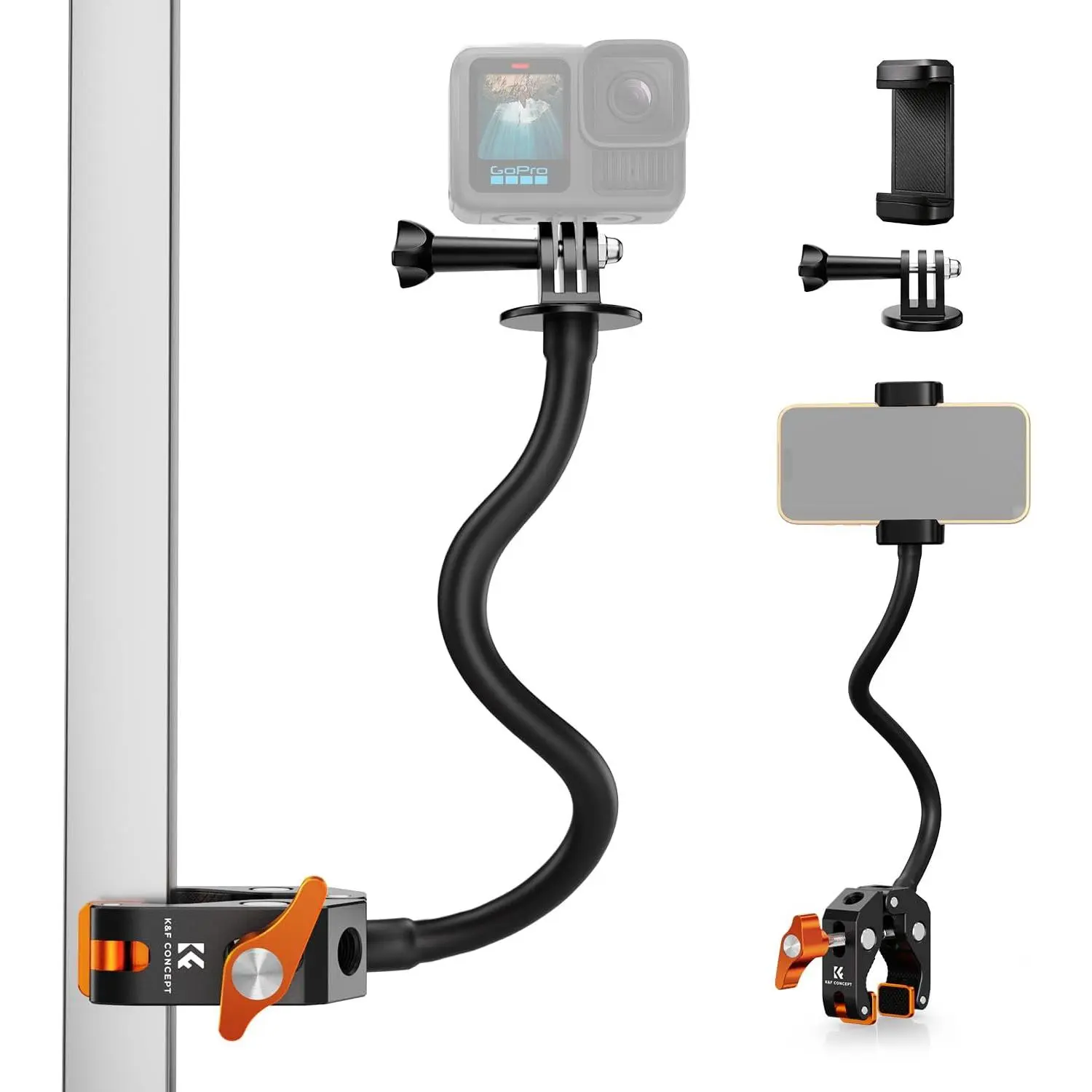 K&F CONCEPT Flexible Clamp Mount Kit, Action Camera Gooseneck Mount| 1/4" & 3/8" Screws for Flat & Round Surfaces, Compatible with Smartphone, Action Camera, Light and Webcam, MS50