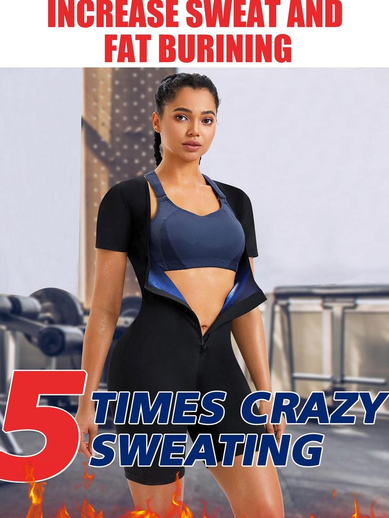 Women's Solid Zip Up Short Sleeve Open Bust Shapewear Bodysuit without Bra, High Stretch Seamless Sweat Sauna One Piece Shaper, Tummy Control Butt Lifter, Ladies Shapewear for Workout Gym Exercise