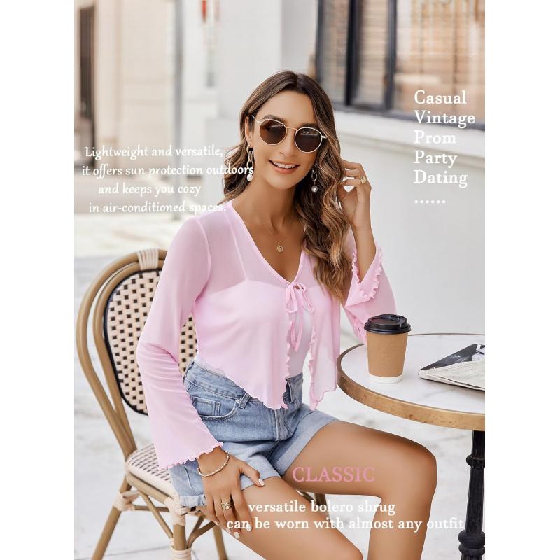 Womens Sheer Shrug Tie Front Long Bell Sleeve Mesh Bolero Lightweight Summer Casual Short Shawl Top