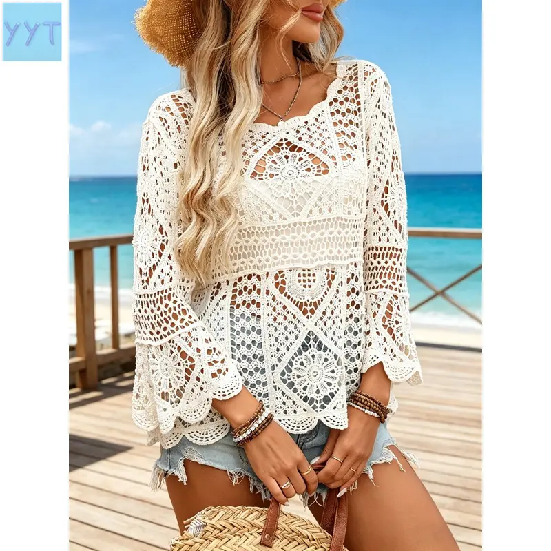 YYT1  Bohemian Ethnic Style Crochet Openwork Knitted Cardigan Women Round Neck Bell Sleeve Top Outer Layer