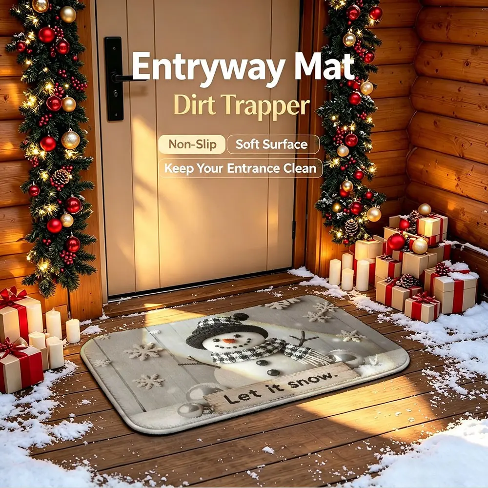 Winter Snowman Theme Felt Silicone Floor Mat, Soft Non-Slip Rug for Entryway, Bedroom, Bathroom, Pet Friendly