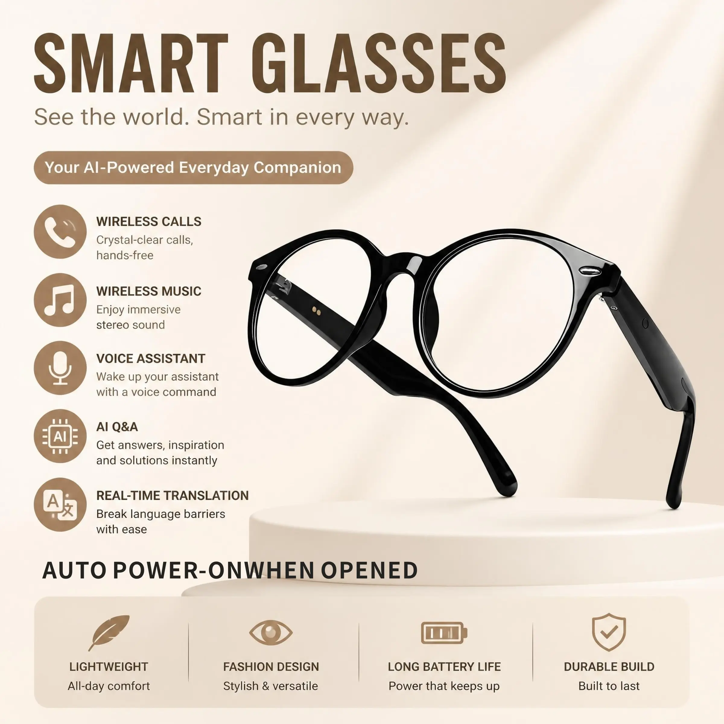 2026 popular AI intelligent translation glasses, automatically turn on/off when opened, multi language translation, AI Q&A, music and calling, chat and AI voice assistant, suitable for both men and women, suitable for fishing travel agencies, ideal gift