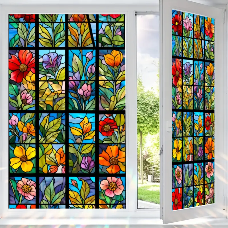 2D Flat Static Cling Floral Stained Glass Pattern Window Film Ornament For Living Room And Bedroom Removable Flower Window Clings, Window Stickers, Decorative Sticker