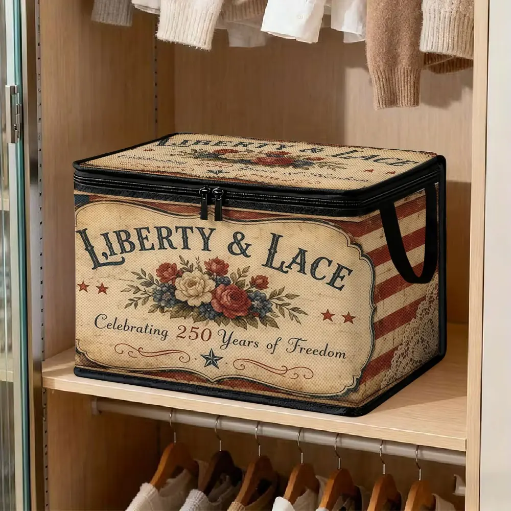 American Vintage Liberty&Lace Floral Storage Box, Double Zipper, Thickened Waterproof Foldable Storage Bin, Large-Capacity Handheld Fabric Organizer with Zipper Lid for Home Use, Suitable for Clothes, Quilts and Toys