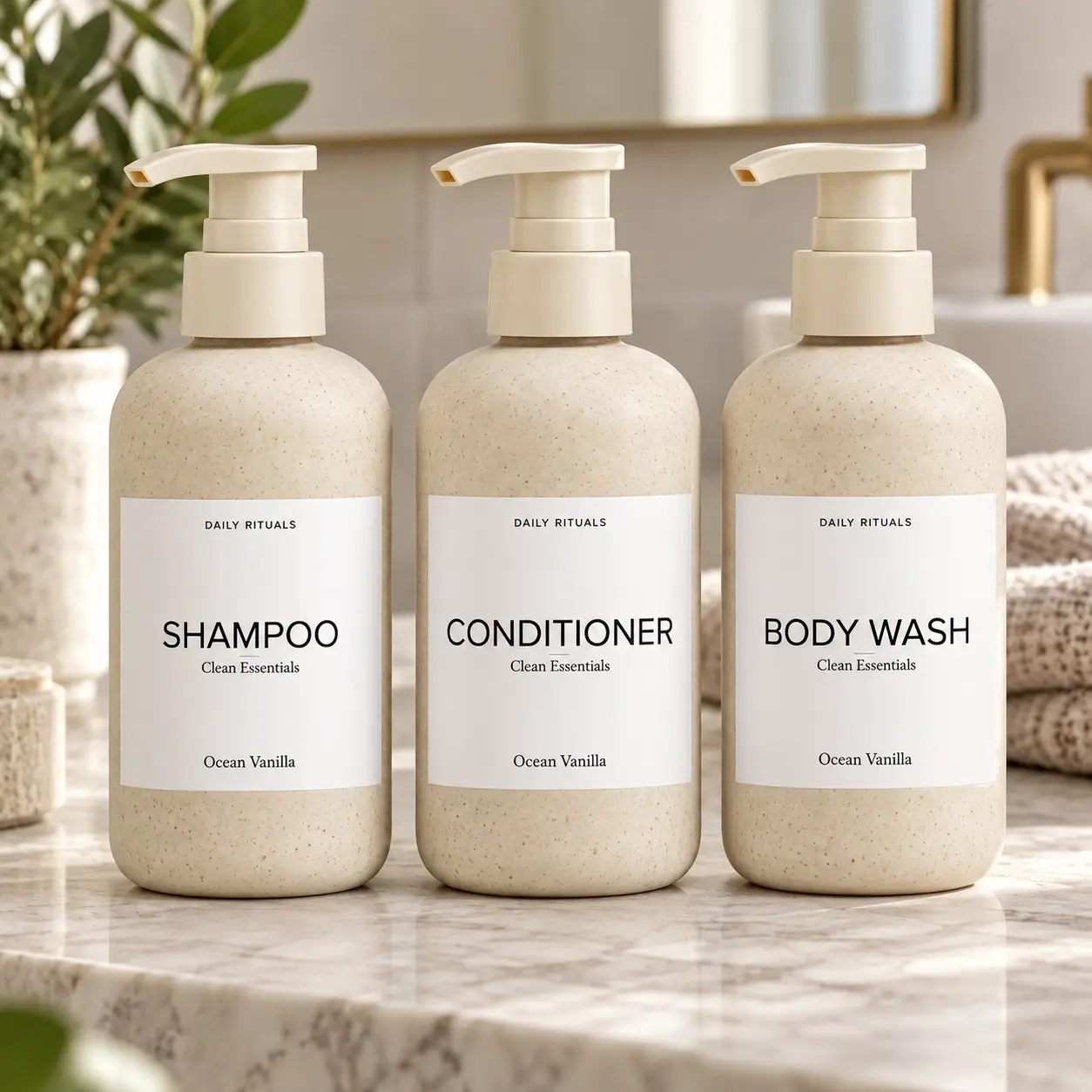 3 Pack Refillable Shampoo Conditioner and Body Wash Bottles, Oatmeal Speckled Pump Dispenser Set for Bathroom Shower, Empty Lotion Soap Bottles, Liquid Dispenser