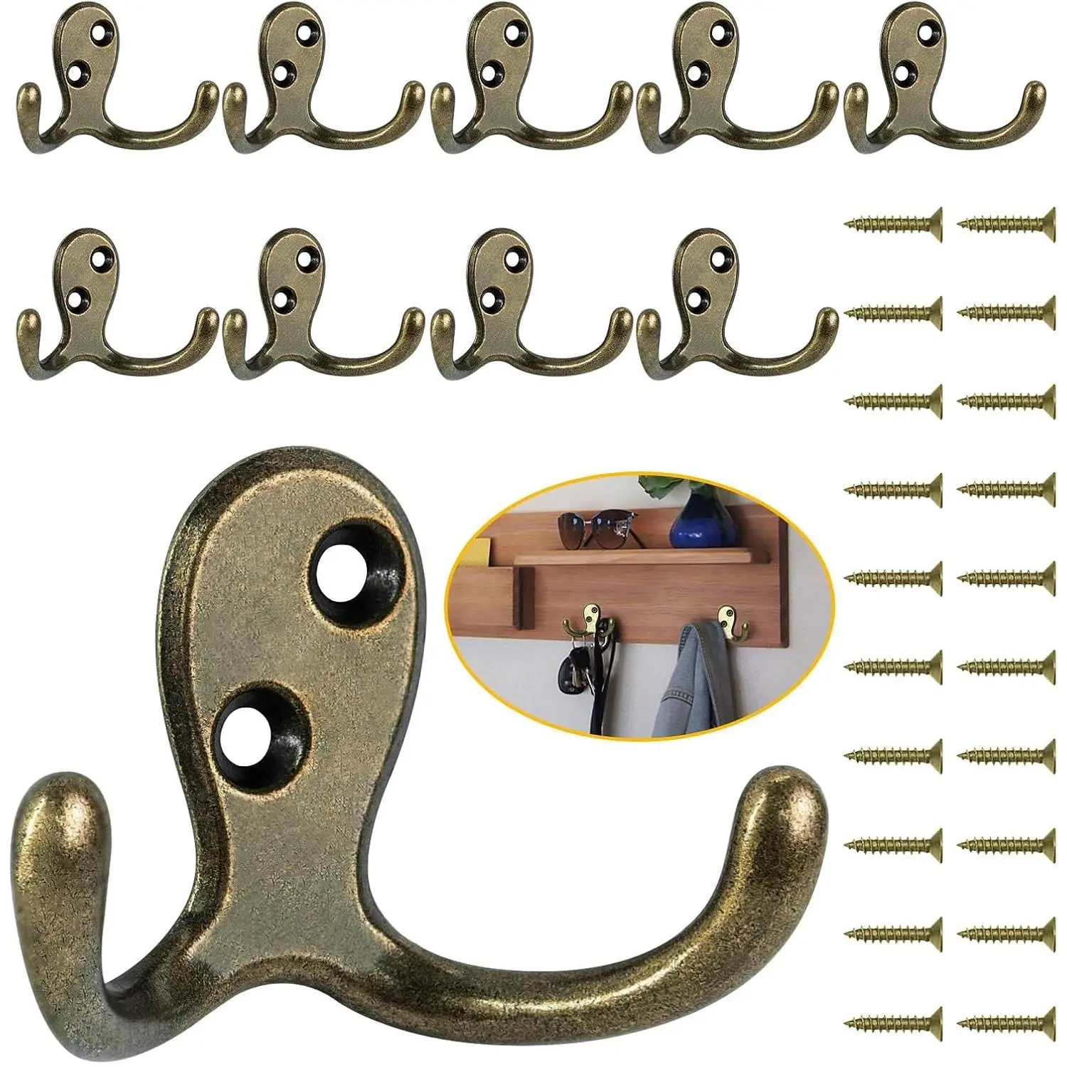 10 Pack Coat Hooks, Heavy Duty Double Prong Coat Hooks Wall Mounted with 20 Screws, No Rust Antique Brass Metal Wall Hooks for  Towel, Coat, Bag, Hat, Cup, Key