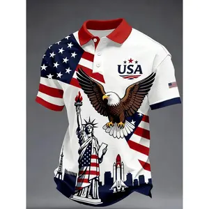Summer Gift for Men, Usa Flag Eagle Liberty Statue Print, Short Sleeve, Casual Patriotic Polo Shirt, All Seasons