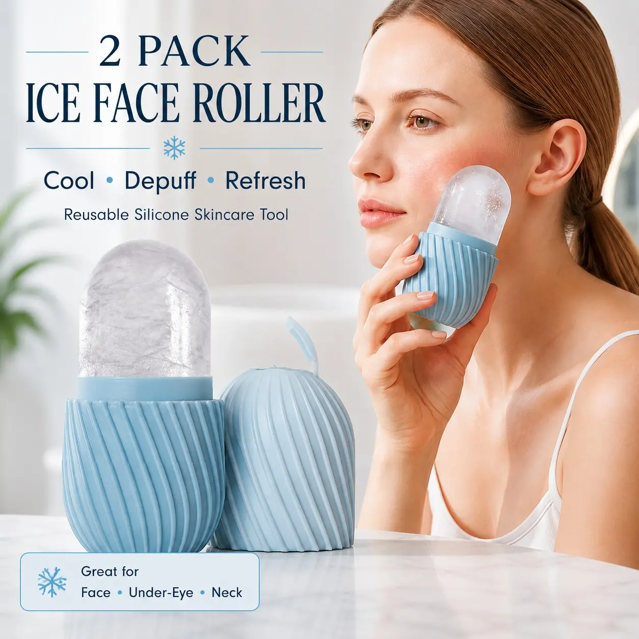 2 Pack Ice Face Roller for Face and Eye, Reusable Silicone Ice Mold, Leak-Resistant Cap, Cooling Skin Care Tool, Beauty Gift Set