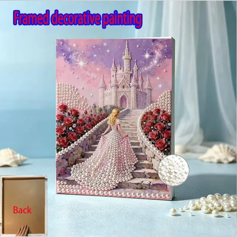 1pc Framed Pearl Diamond Painting Kit, DIY Handmade Princess in Pearl Dress Walking to Castle Pearl Decorative Painting, for Home Wall Art Decor, Party Favors, Stress Relief Tool, Christmas & Halloween Wall Decoration, Framed