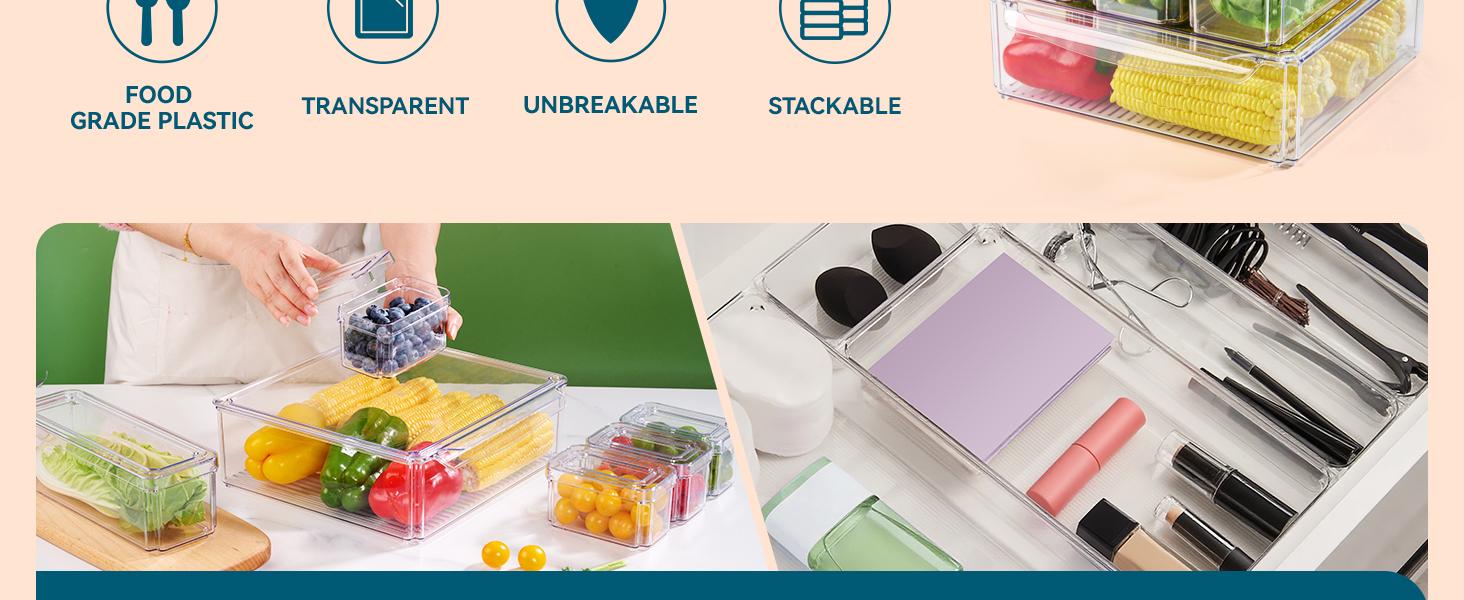 10 Pack Clear Fridge Organizer, Stackable Refrigerator Organizer Bins with Lids, Fridge Storage Containers for Kitchen, Food, Cabinets, Fruits, Vegetables, Cereals