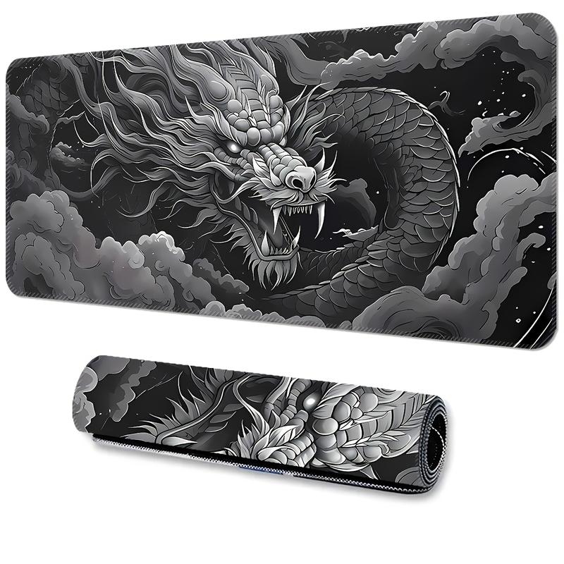 Extra-Large Dragon Gaming Mouse Pad - Monochrome Design with White & Black Artwork, Washable & Durable Rubber Base, Precision Stitched Edges - Ideal
