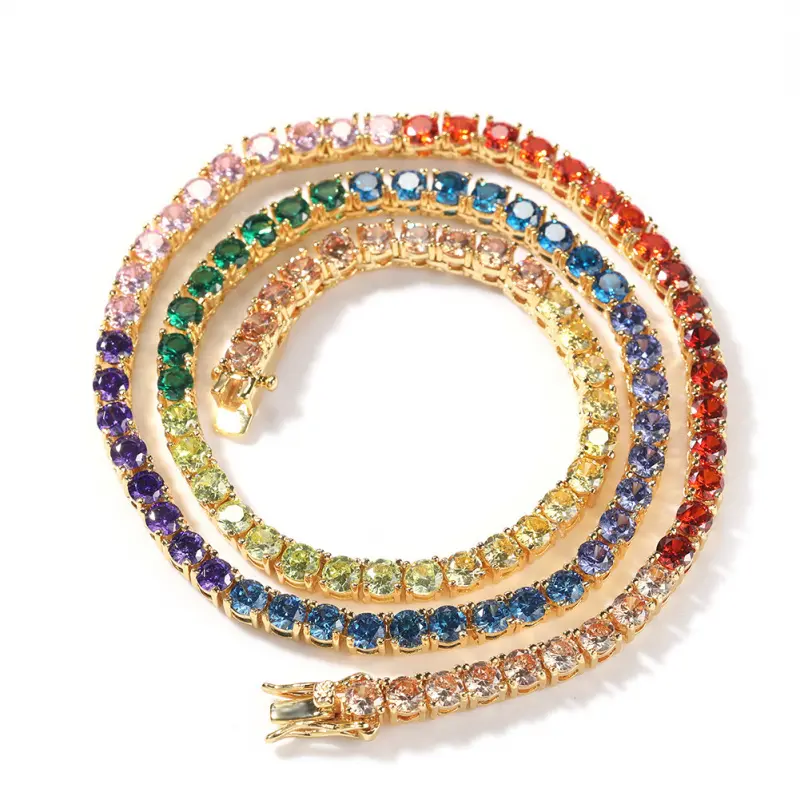 18K Gold Plated Colorful Rainbow Tennis Chain Necklace, 4mm Sparkling Zircon Iced Cuban Chain, Hip Hop Bling Jewelry, Vibrant Street Style Necklace, Y2K Fashion Accessory, Music Festival Outfit Jewelry, Party Wear Statement Necklace, Cool Urban Trend Gift