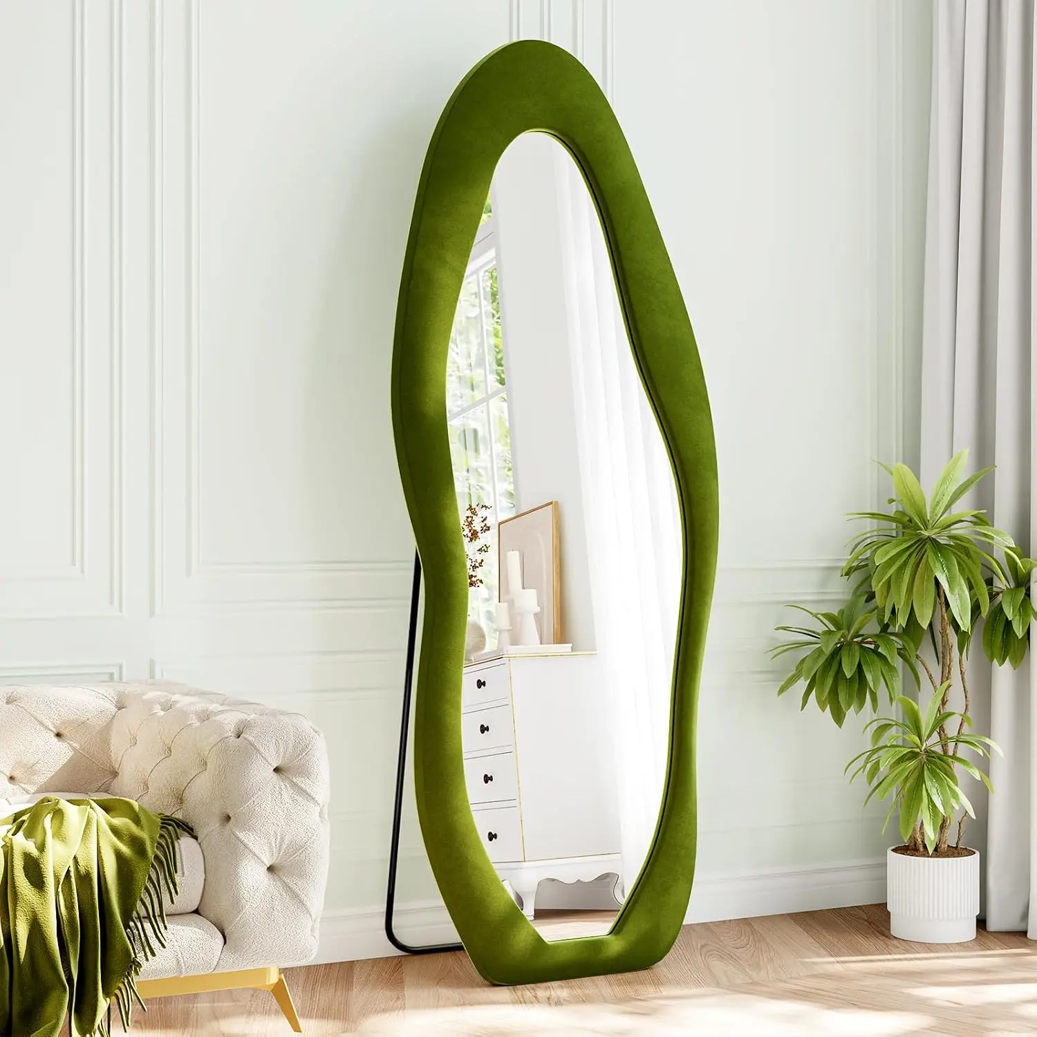Full Length Mirror, 63"x24" Flannel Full  Mirrors, Floor Mirrors with Stand, Irregular Wavy Mirror  or Leaning Against Wall for Bedroom Living Room, Green