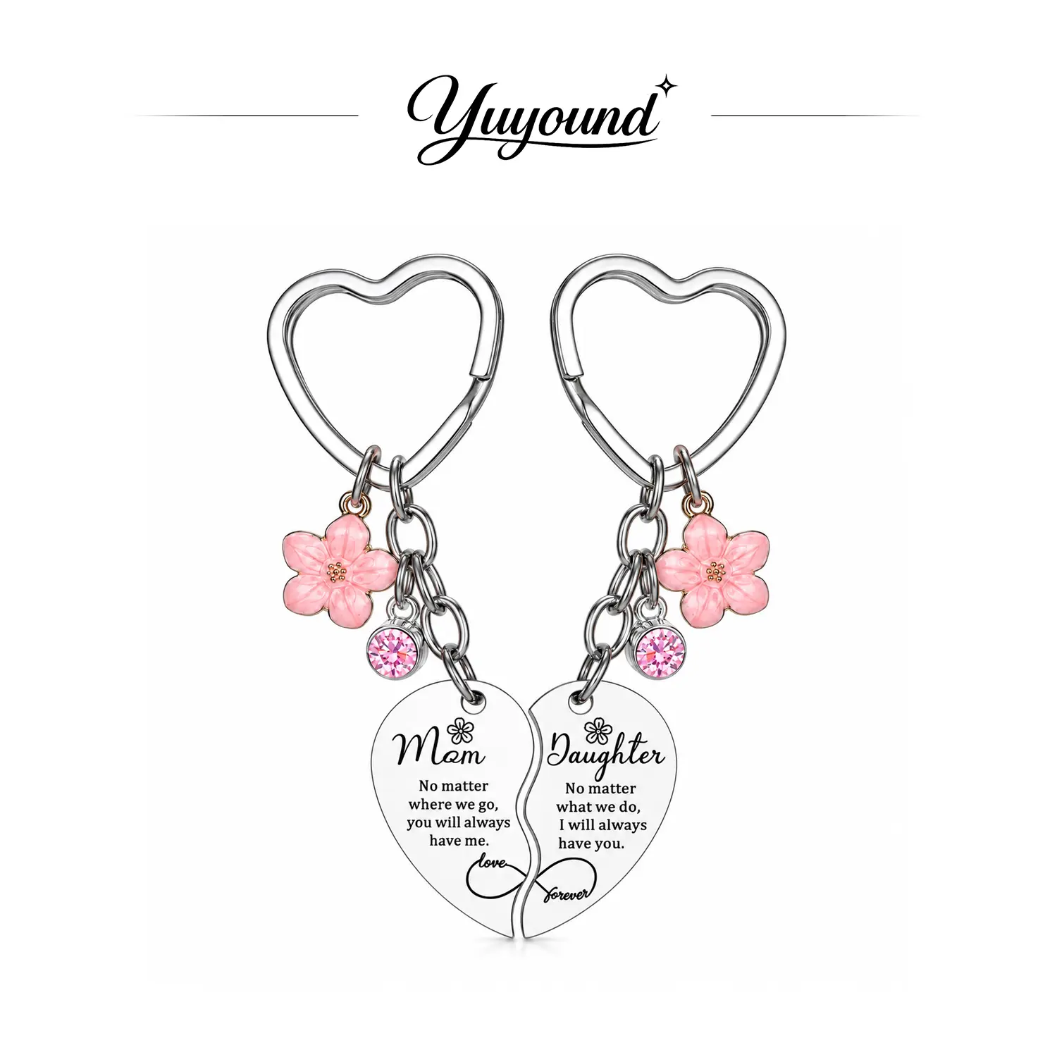 Mother Daughter Keychain Set, Heart Matching Key Rings, Mom and Daughter Forever Love Keepsake, Pink Flower Charm Keychain, Meaningful Family Gift, Emotional Memorial Jewelry, Thanksgiving Christmas Birthday Gift for Mom Daughter
