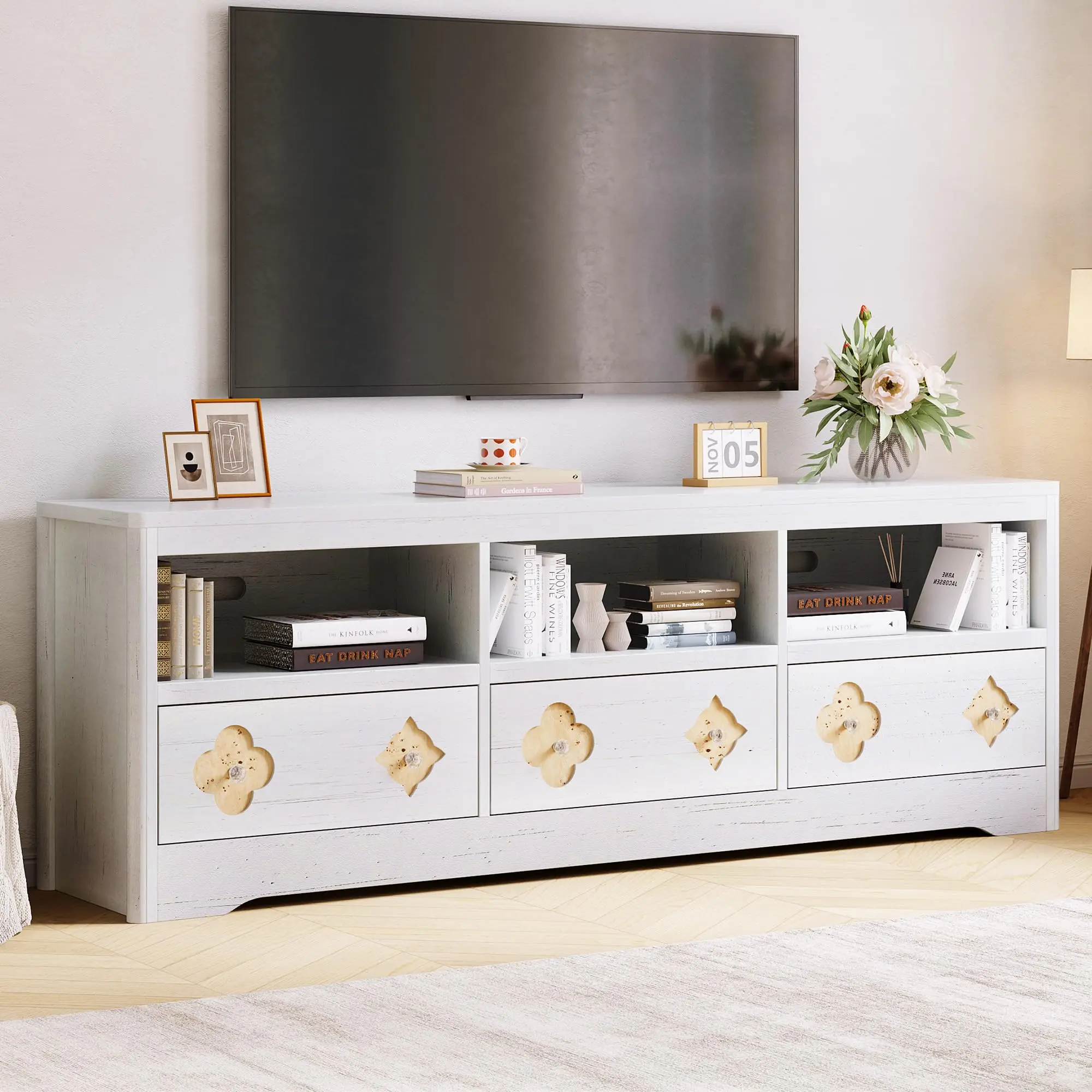Garvee 70in Mid Century Modern Entertainment Center with Storage Drawer and Open Shelves, Media Cabinet for Living Room and Bedroom, Available in White, Brown, and Natural Finishes