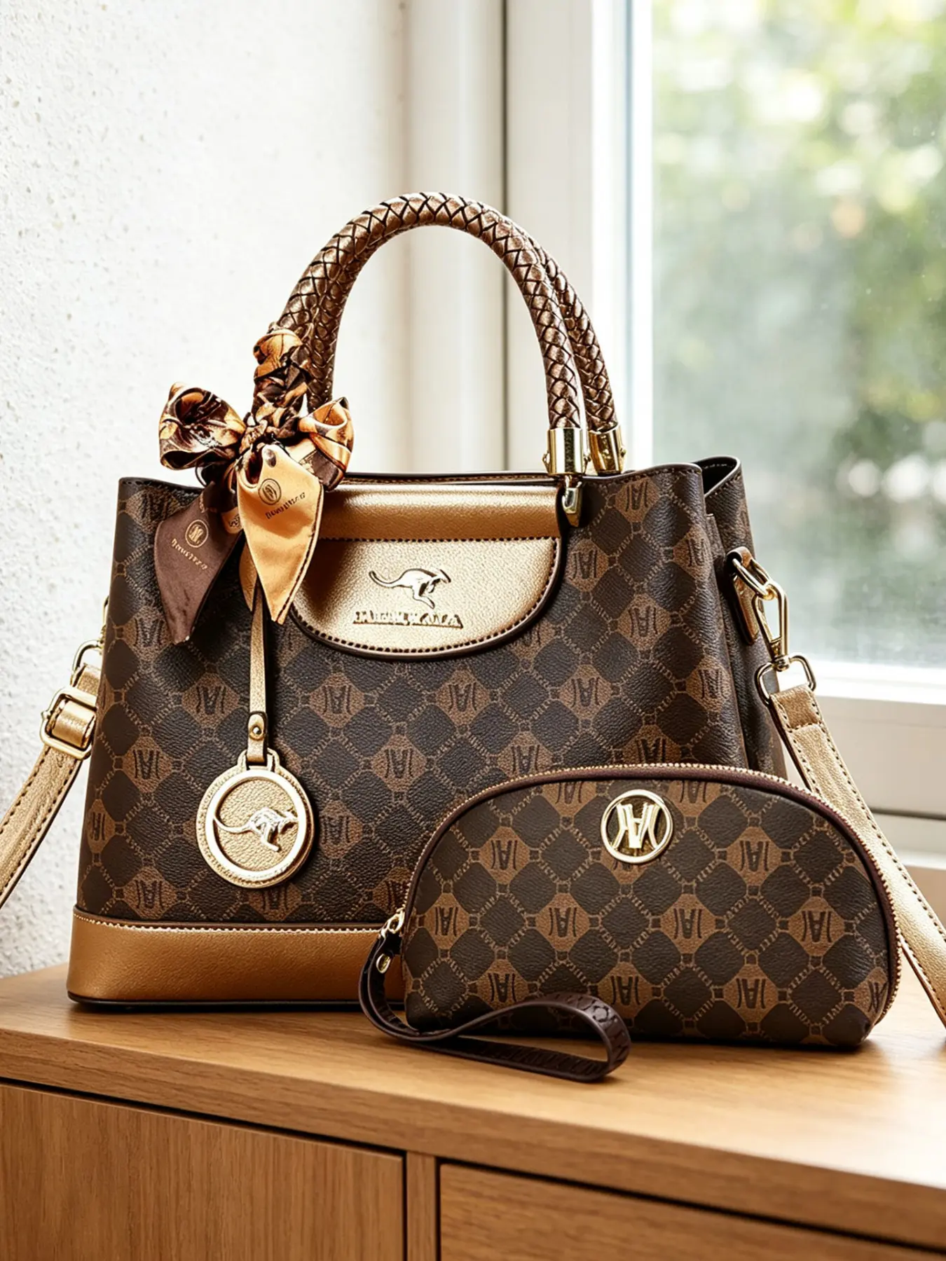 Light luxury letter print women's handbag, large-capacity two-piece women's bag set, women's shoulder bag decorated with matching silk scarf, ladies' bags suitable for various occasions, Elegant Bags