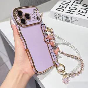 Fashion Electroplated Wave Pattern Dual Heart Large Window Wrist Strap Full Cover Anti-Scratch Anti-Drop Phone Case Casing for iPhone 17pro Max 16pro 15 14 13 12