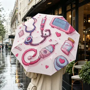 Cartoon Medical Tool Set Folding Umbrella, Automatic Open, Iron Frame, Portable Design, Suitable for All Seasons, Travel & Office Use