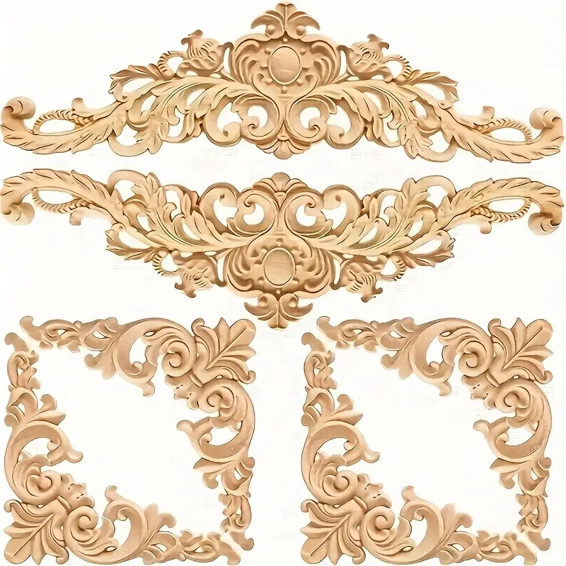 6-Piece European Style Handcrafted Wooden Wall Stickers, Recycled Wood Carved Corner Decals, DIY Home Decor, Furniture Accent, Office Wall Art